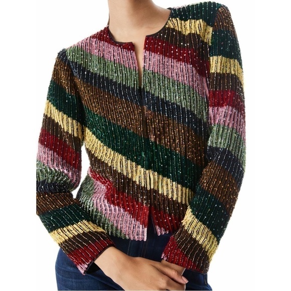 NWT Alice + Olivia Sequin Silk Rainbow-Striped Kidman Cropped Jacket - Picture 4 of 8